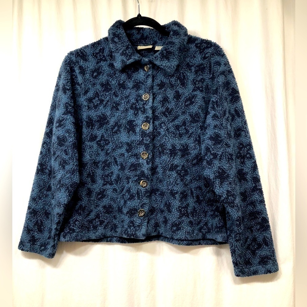 LL Bean Fleece Button Up Jacket Womens Medium Regular Blue Leaves Vintage OHP81